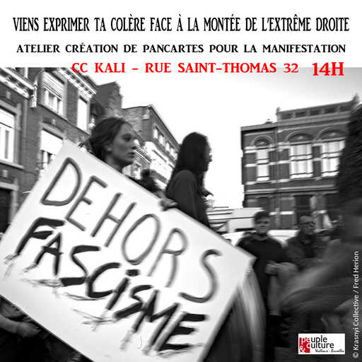 Peut être une image de 3 personnes et texte qui dit ’VIENS EXPRIMER TA COLÈRE FACE À LA MONTÉE DE L'EXTRÊME DROITE ATELIER CRÉATION DE PANCARTES POUR LA MANIFESTATION CC KALI- - RUE SAINT-THOMAS -THOMAS 32 14H eaman Pinerer Lor U ASCIAE DEHORS DEOAS auRure ε.Π .culture peuple Mallenir- Mallenis-B BHbnHo6eA’