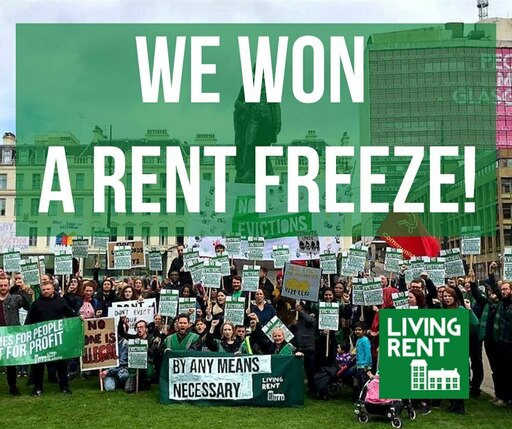 Peut être une image de 2 personnes, plein air et texte qui dit ’WE WON 1111HE1 A RENT FREEZE! EVICTIONS ES FOR FORPEOPLE PEOPLE FOR PROFIT BY ANY MEANS NECESSARY LIVING RENT తಿలగ LIVING RENT’