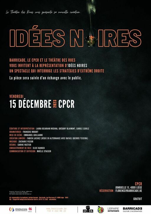  LAURA EJARANO MEDINA, GRÉGORY BLAIMONT, CAROLE SCHILS HOUART GUILLAUME LAISNEZ (RÉGIE EN ALTERNANCE MUSIQUE ZACHARIE VISEUR VOSTIER ELSIE COMMUICAFFSIN MAELLESTASSER RAFAEL TEXEIRA) く FÉDÉRATION CPCR JONRUELLE 4000LIÈGE 4000 RÉSERVATION FLORENCE@BARRICADE.BE wwW. barricade be GRATUIT CR LIBRAIRIE BARRICADE’