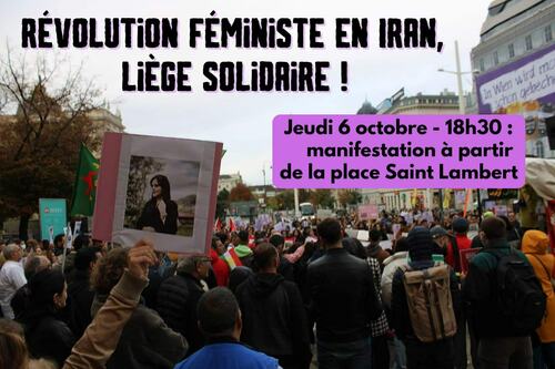 Peut être une image de 1 personne, position debout, plein air et texte qui dit ’RÉVOLUTION FÉMİNİSTE EN IRAN, LIEGE SOLİDRIRE! Wien wird widma mo Schon gebech Jeudi 6 octobre 18h30 manifestation à partir de la place Saint Lambert’