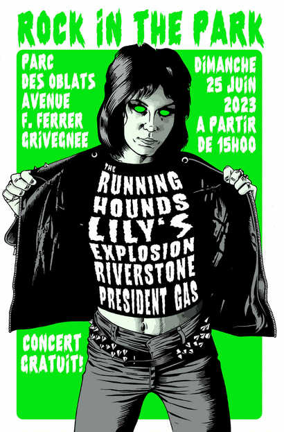 Peut être une image de texte qui dit ’ROCK IN THE PARK PARC DIMANCHE DES OBLATS 25 JUIN AVENUE 2023 F. FERRER A PARTIR GRIVEGNEE DE 15H00 ትHይ RUNNING HOUNDS LILVS EXPLOSION RIVERSTONE PRESIDENT GAS CONCERT GRATUIT!’